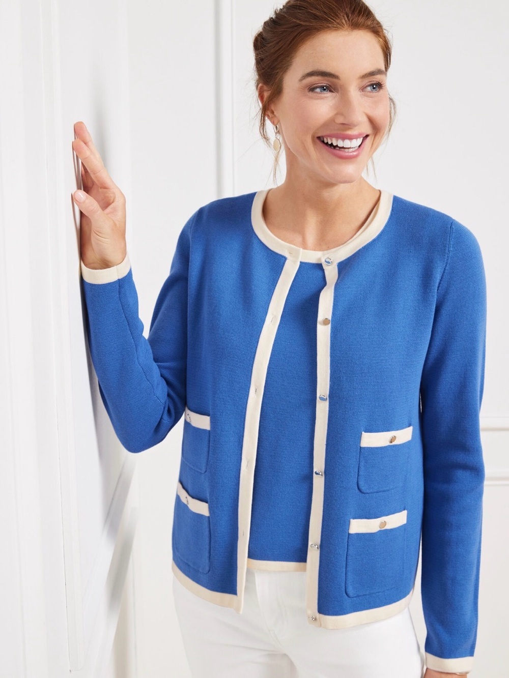 Talbots Grace Cardigan Sweater in Blue & Cream Trim (2X)